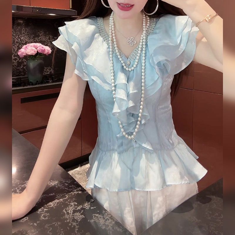 2026夏季法式短袖烫钻衬衫洋气女人气质衬衣高级感宽松打底衫小衫