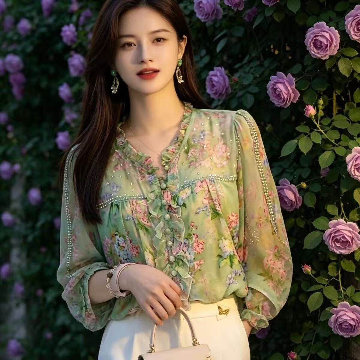 2026年秋绿色淡人衬衣高级感绝美上衣大码女装胖MM气质七分袖衬衫