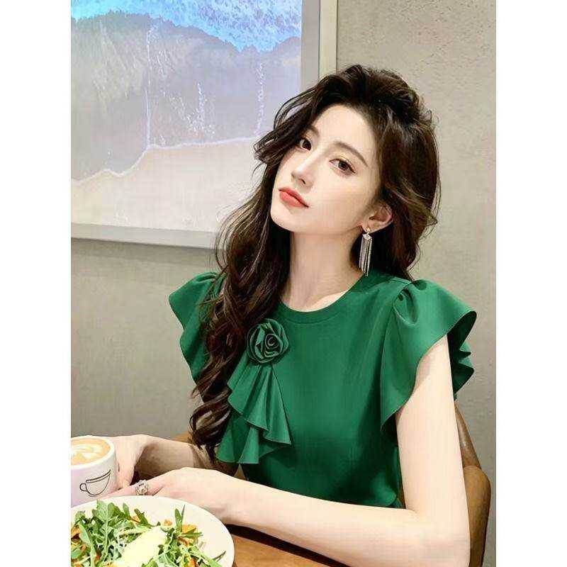 绿色荷叶边花朵上衣女2026夏季气质高级感衬衫别致漂亮飞飞袖T恤