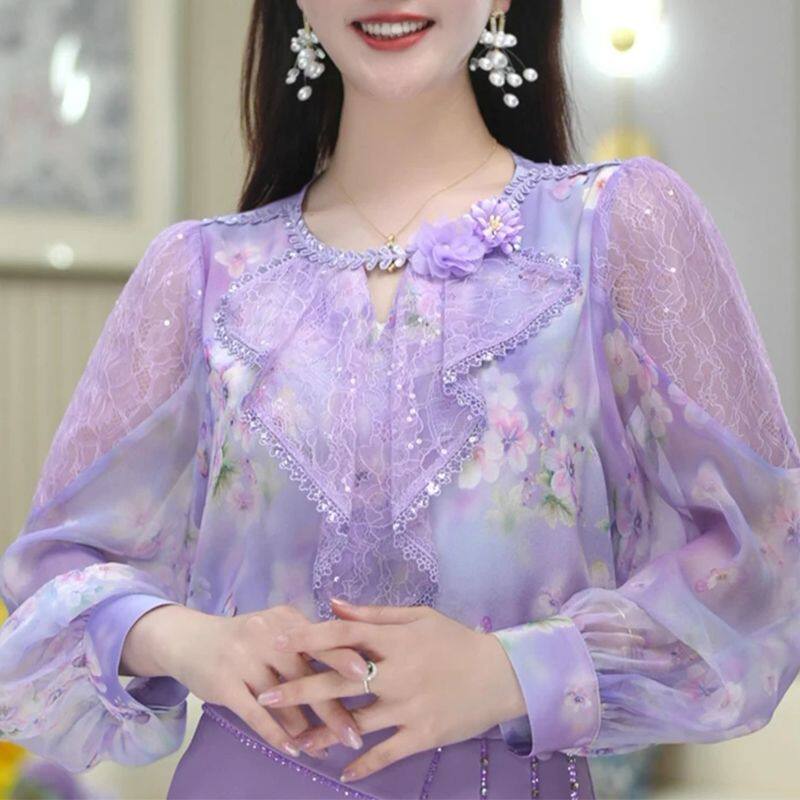 2026春秋法式紫色衬衣碎花长袖衬衫大码女装胖MM精致遮肉减龄上衣