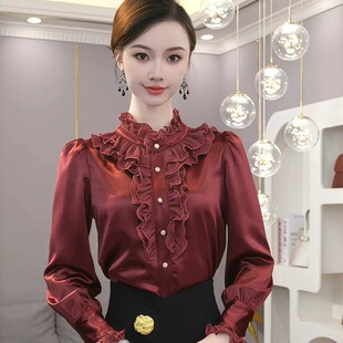 缎面衬衣女款2026新款爆款内搭叠穿长袖衬衫开衫上衣红色时尚小衫