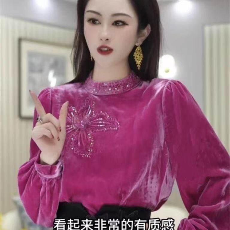 秋冬新款设计感时尚金丝绒钉珠气质上衣女文艺范衬衫显瘦长袖衬衣