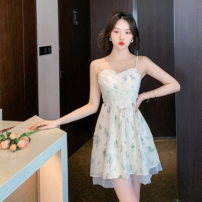 2023夏季抹胸型网纱拼接甜美连衣裙高腰短裙法式雪纺碎花吊带裙
