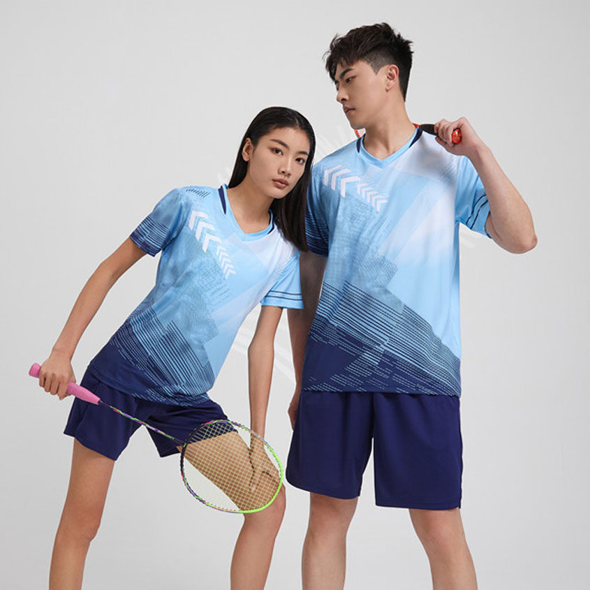 快干速干羽毛球服套装男女童V领浅蓝紫色排球衣吸汗运动比赛乒乓