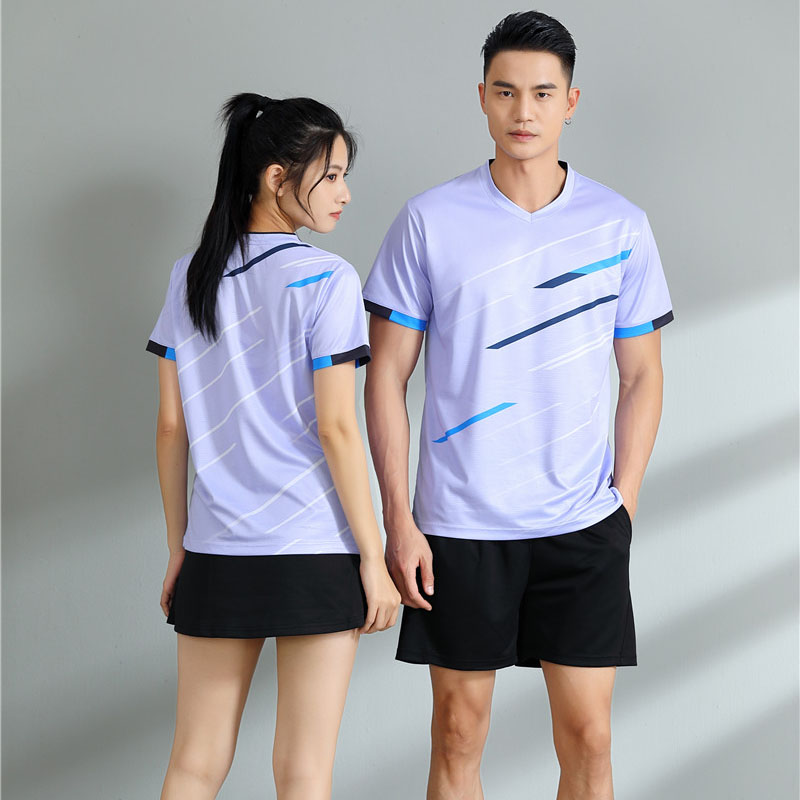 羽毛球服V领男女浅紫短袖T恤