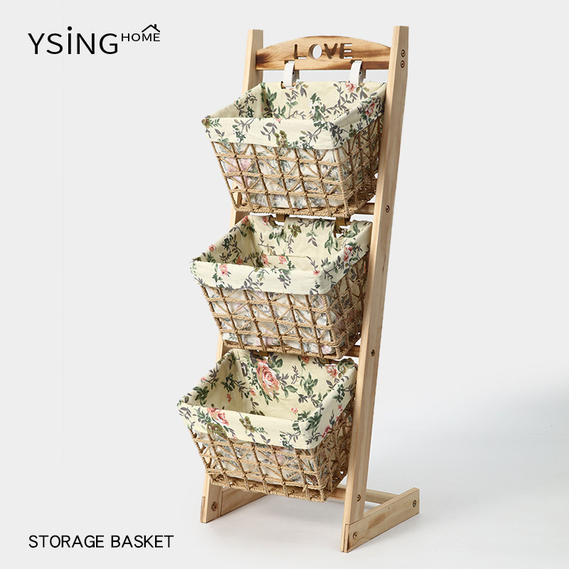 田园风多层实木落地收纳架纸绳编布艺收纳筐家用大容量分类置物架