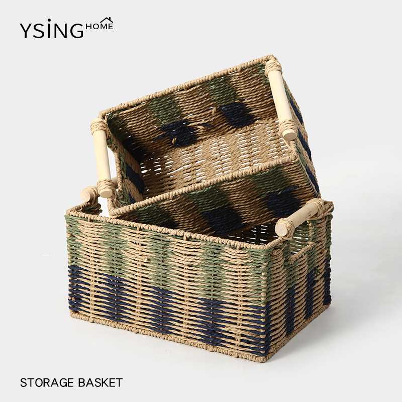 手工编织收纳筐家用桌面高级感长方形收纳盒零食杂物储物筐铁篮子