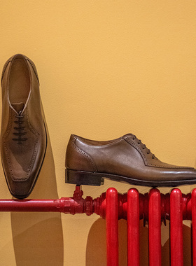 雅生AXEN固特异工艺皮鞋棕色头层小牛皮布洛克牛津鞋商务休闲男鞋