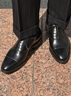 雅生AXEN固特异工艺意大利box小牛皮黑色男士牛津三接头皮鞋婚鞋