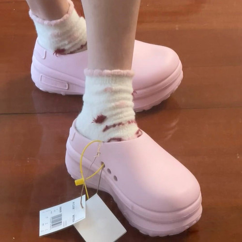 樱花粉厨师鞋厚底增高穆勒男女款包头拖鞋半拖一脚蹬凉鞋洞洞鞋潮