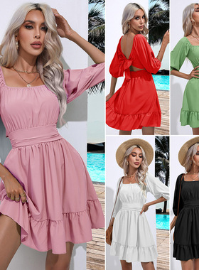 小个子甜美少女感白色方领松紧高腰显瘦露背系带荷叶边中袖连衣裙