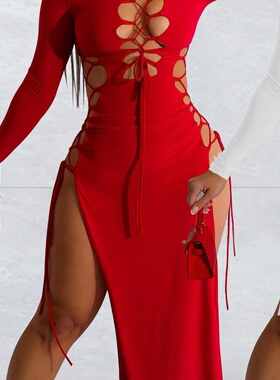 C6237跨境速卖通亚马逊欧美时尚女装纯色绳系开叉长袖长裙连衣裙