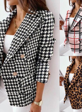 速卖通亚马逊欧美秋冬新款 长袖双排扣时尚印花西装 小外套