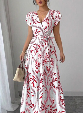 2025女性优雅时尚迷人度假海滩派对系带褶边下摆短袖A字裙花卉印