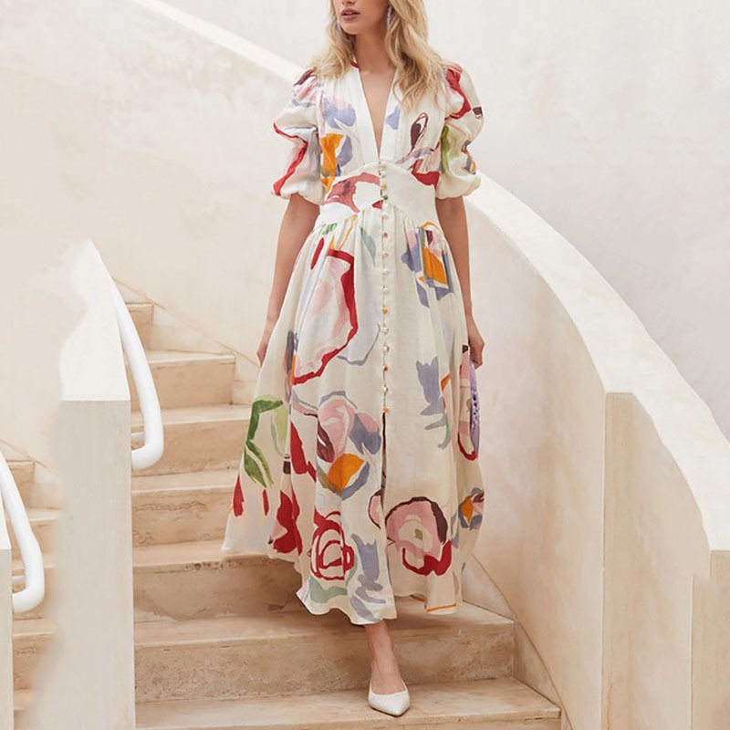 Large hem dress2024春季新款女装大摆四面弹印花长裙沙滩连衣裙