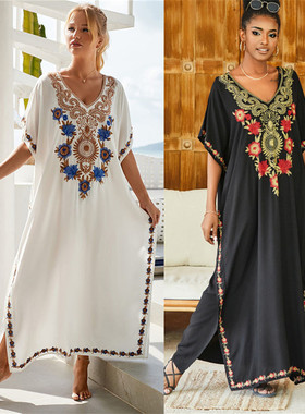 新款欧美人棉绣花长裙沙滩外套裙长袍度假泳衣罩衫裙比基尼搭防晒