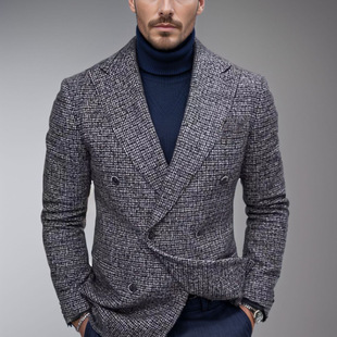 Plaid jacket men直筒外套休闲绿色青年单排扣西装领棉涤多口袋灰