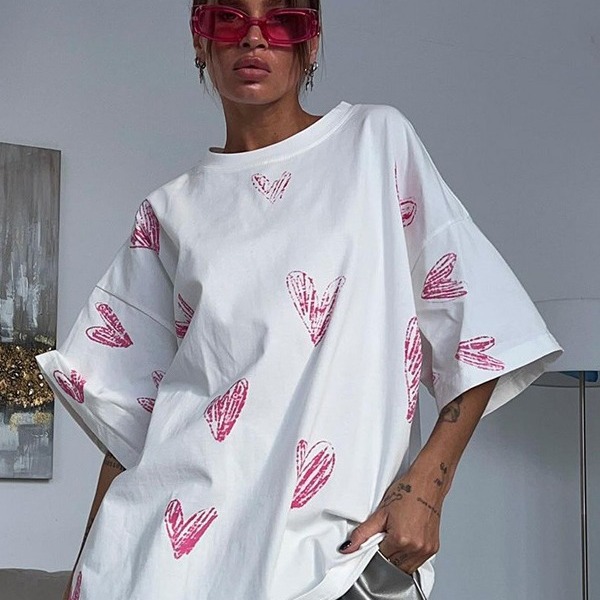 宽松正肩心形印花水洗短袖T恤上衣 Loose printed washed printe