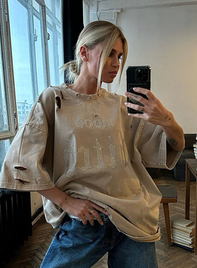 字母烫钻圆领短袖女T恤宽松百搭上衣 Letter hot diamond T-shirt