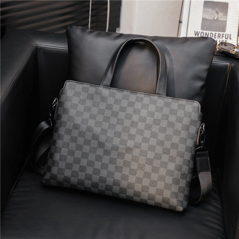 潮牌单肩包韩版格子皮质电脑包简约斜挎包公文包男休闲商务手提包