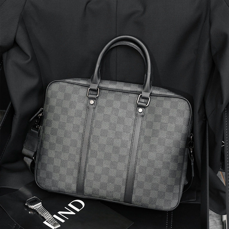 新款韩版时尚商务手提包 潮流格子大容量单肩包横款公文包男包