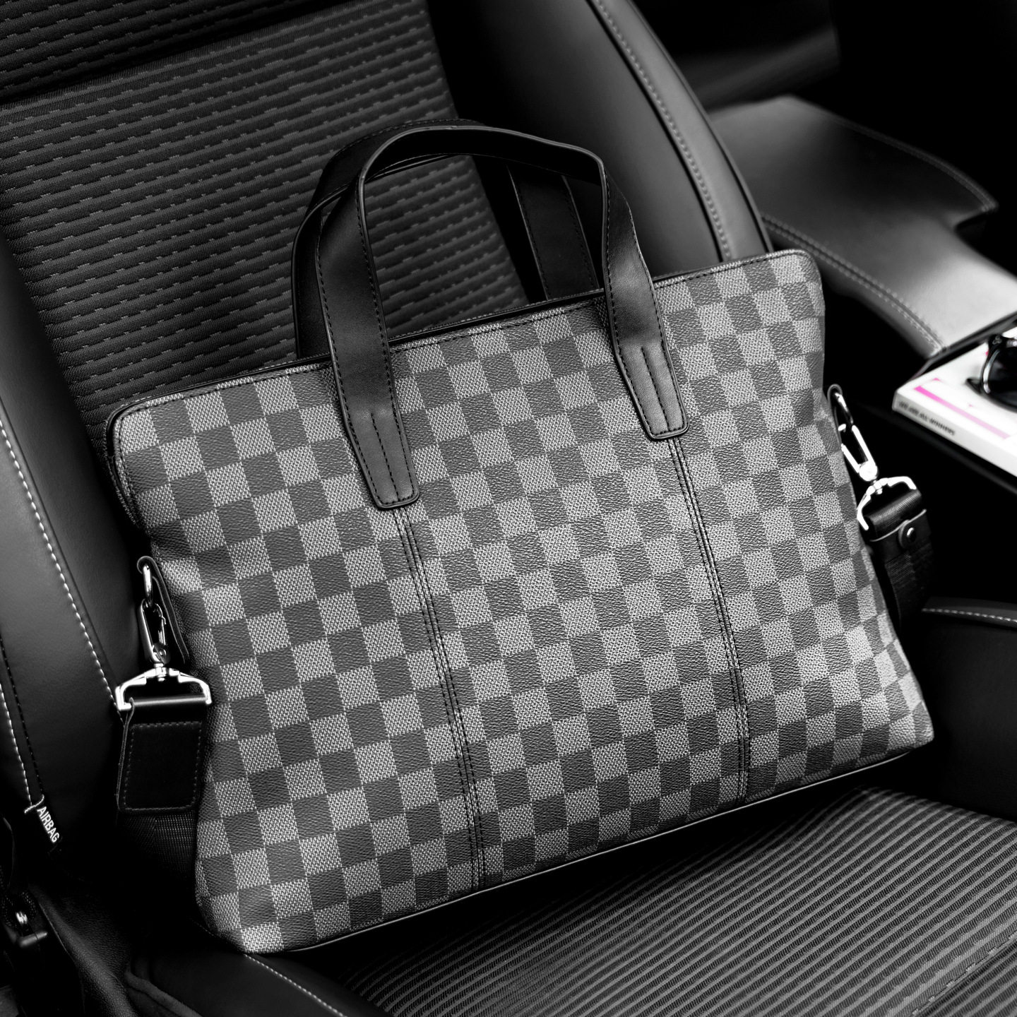 新款商务包男士手提包 格子公文包单肩包斜挎包背包潮流电脑男包