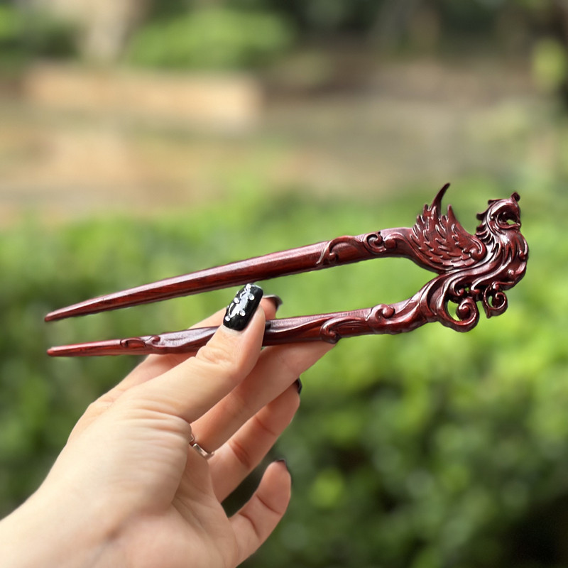 【凌霄】原创古风犀角紫檀木簪子双簪大凤凰u形发簪新中式头饰女