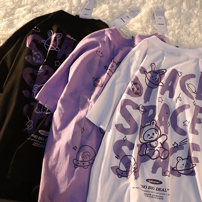 300斤胖mm日系卡通短袖t恤男女纯棉ins潮牌特大码宽松情侣上衣服