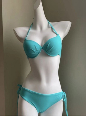 比基尼三点式三角系带泳衣沙滩度假泡温泉PINK蓝比基尼泳衣女钢托