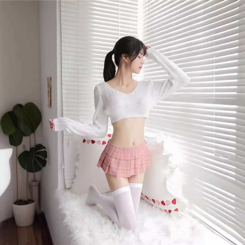 露肩毛衣制服校园短裙格纹百褶裙学院套装长袖V领短上衣睡裙