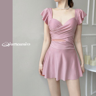 泳衣温泉 泳衣保守显瘦钢托文胸连衣裙式 2026泳衣女款 连体纯色法式