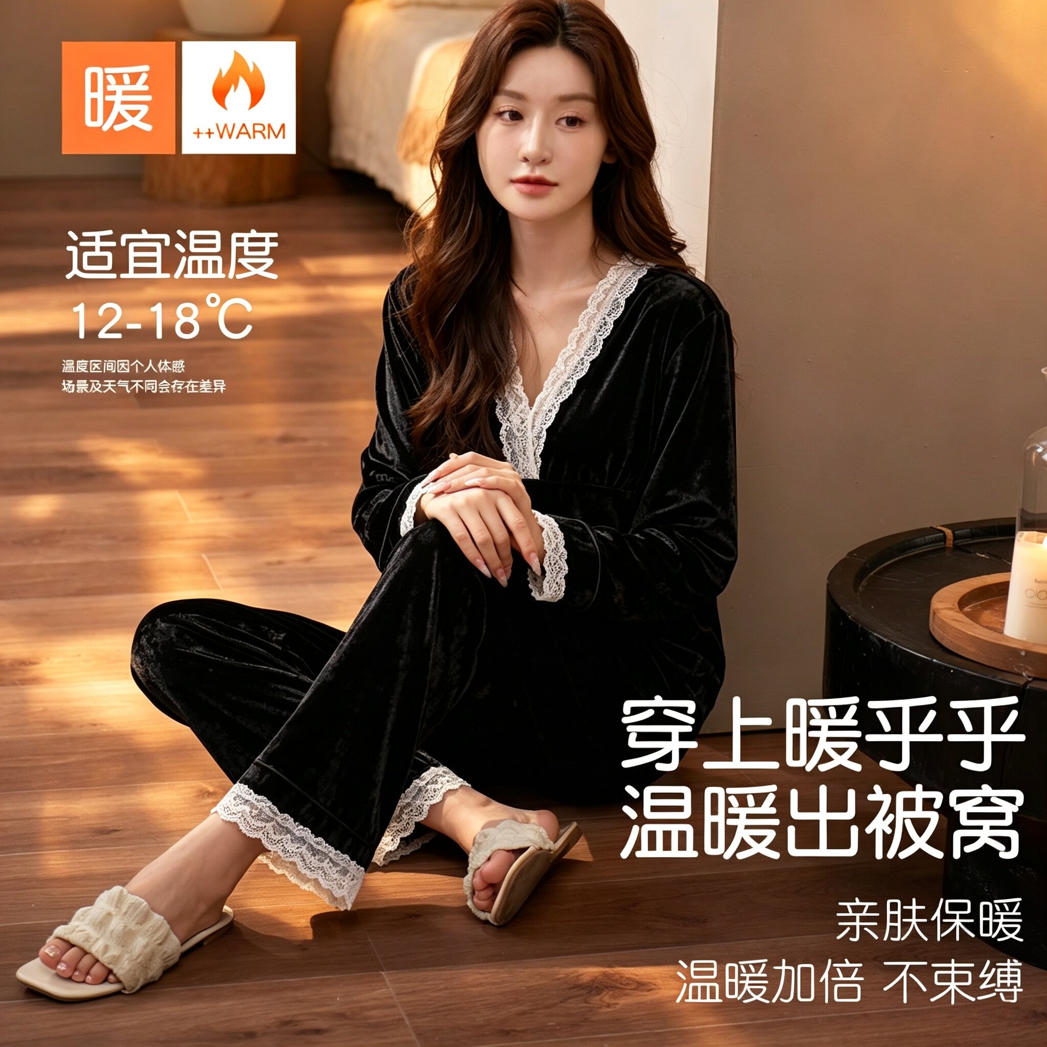 夜丽人女款高端蕾丝金钻绒睡衣长袖长裤两件套丝绒家居纯棉