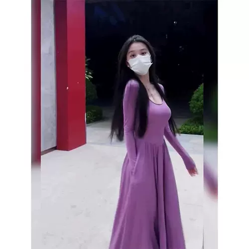 Очень большое сиреневое цветное осеннее платье, лонгслив, юбка, большой размер, подходит для полных девушек, французский стиль, изысканный стиль