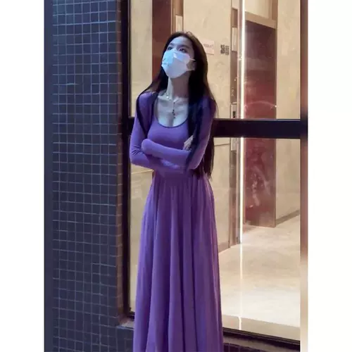 Очень большое сиреневое цветное осеннее платье, лонгслив, юбка, большой размер, подходит для полных девушек, французский стиль, изысканный стиль