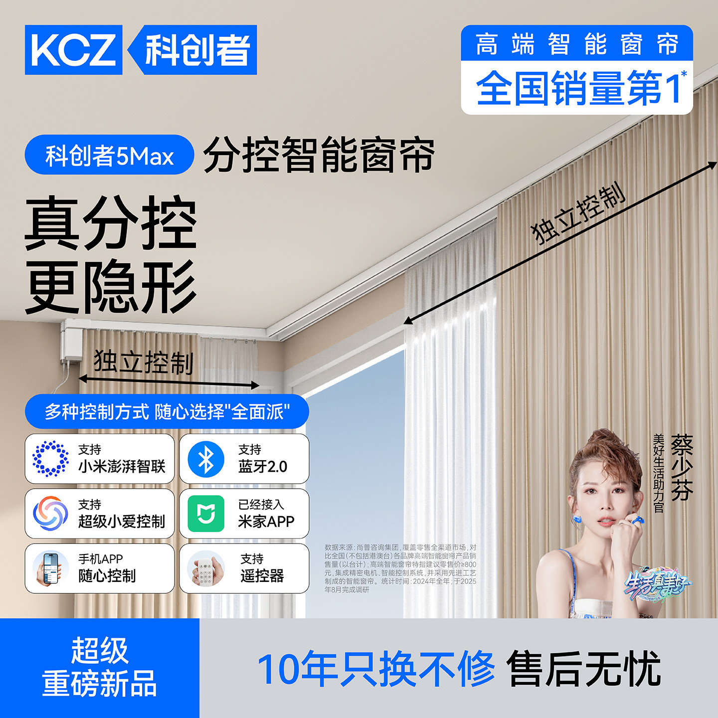 科创者左右独立分控电动窗帘轨道智能全自动蓝5Max已接入米家APP