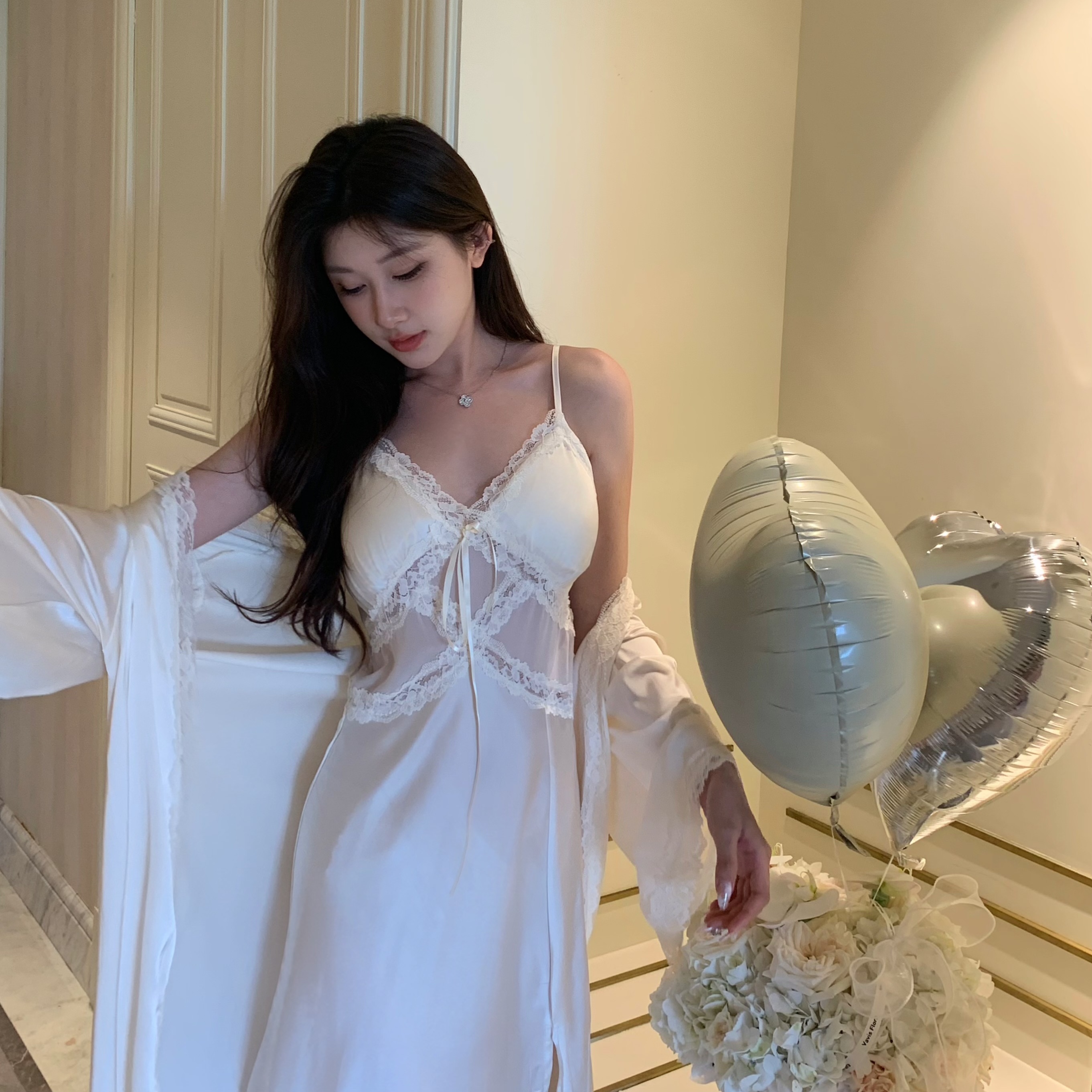 法式真丝吊带睡裙女带胸垫家居服