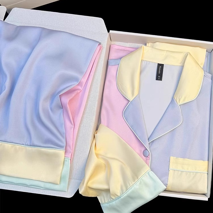 刘亦菲明星同款真丝睡衣女长袖长裤拼接糖果色高级感甜美家居服