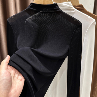 高领网纱打底衫 T恤黑色高档蕾丝上衣1219e 女秋冬高级感内搭薄款