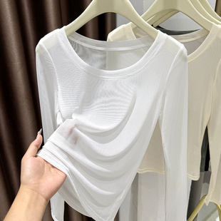 纱衣白色圆领蕾丝上衣1219e T恤高级修身 网纱打底衫 女轻薄内搭长袖