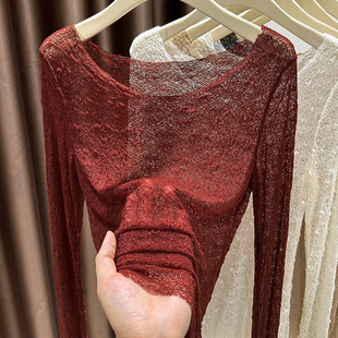 大领口罩衫 中长款 修身 女2025爆款 T恤红色1219e 蕾丝内搭打底衫