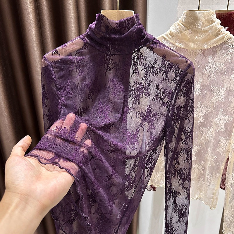 2026秋冬新款紫色堆堆领蕾丝打底衫女春秋时尚洋气透明款纱衣内搭,男装,T恤,淘宝优惠券,粉丝福利购,淘宝优惠卷