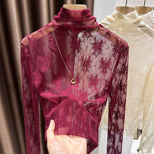 叠1219e 长袖 红色堆堆高领镂空蕾丝打底衫 女秋冬优雅网纱内搭修身