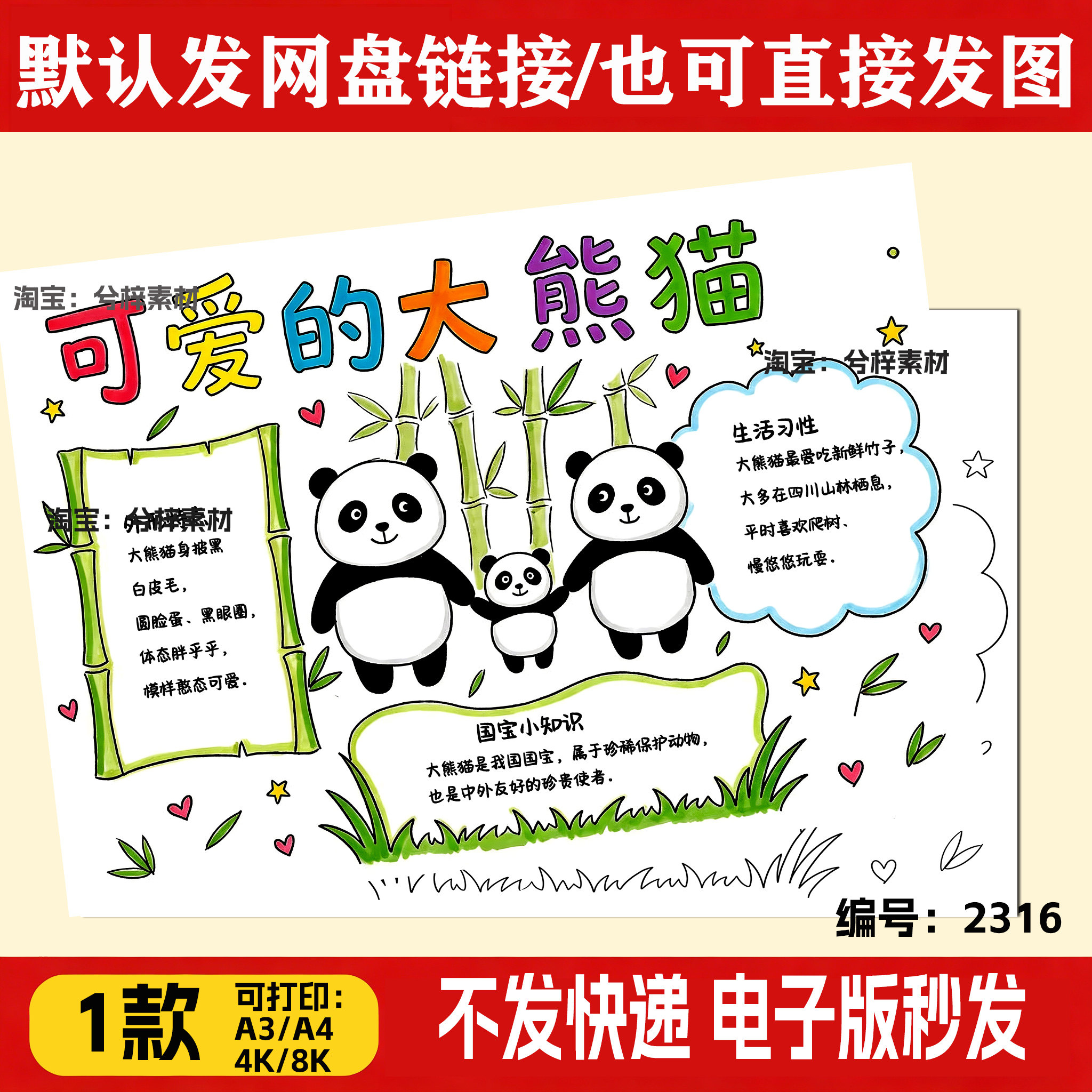 大熊猫介绍手抄报模板动物名片观察记录日记电子线稿素材打印