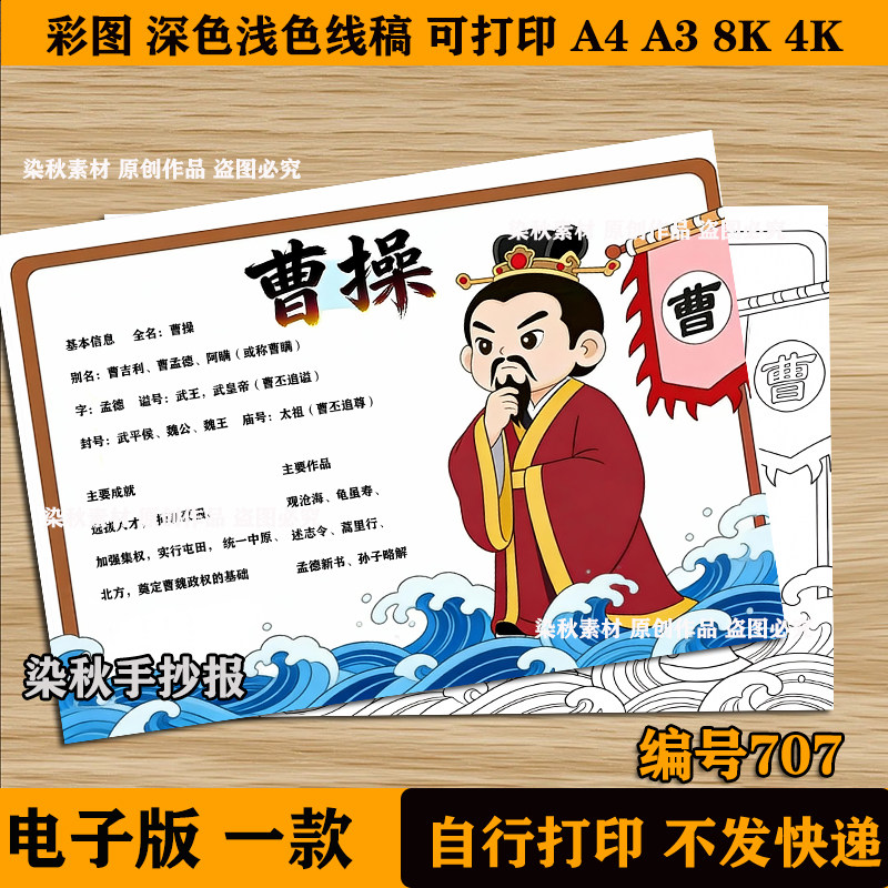 四年级历史人物故事读书卡曹操历史人物故事卡片简介卡可打印模板