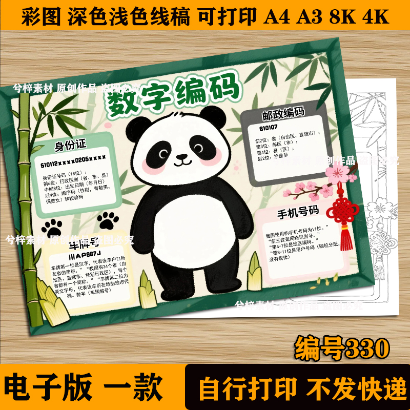 三年级上册数字编码手抄报思维导图 电子模版线稿素材打印涂色a3