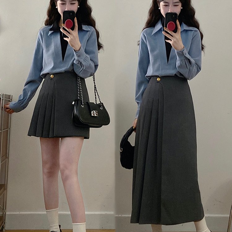实拍~大码女装假两件立领衬衫+高腰显瘦半身裙套装