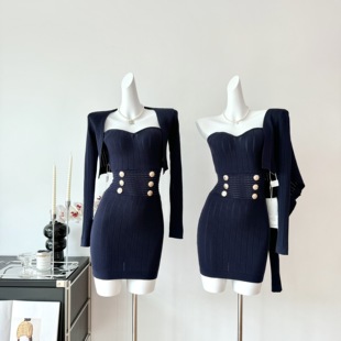 Chill巧儿 比弗利名媛 金扣小香针织长袖开衫抹胸包臀短裙套装夏