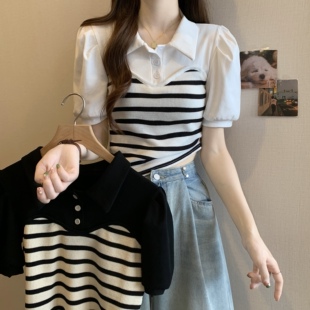 大码 韩版 女装 新款 遮肚显瘦假两件条纹上衣 2026夏季 实拍