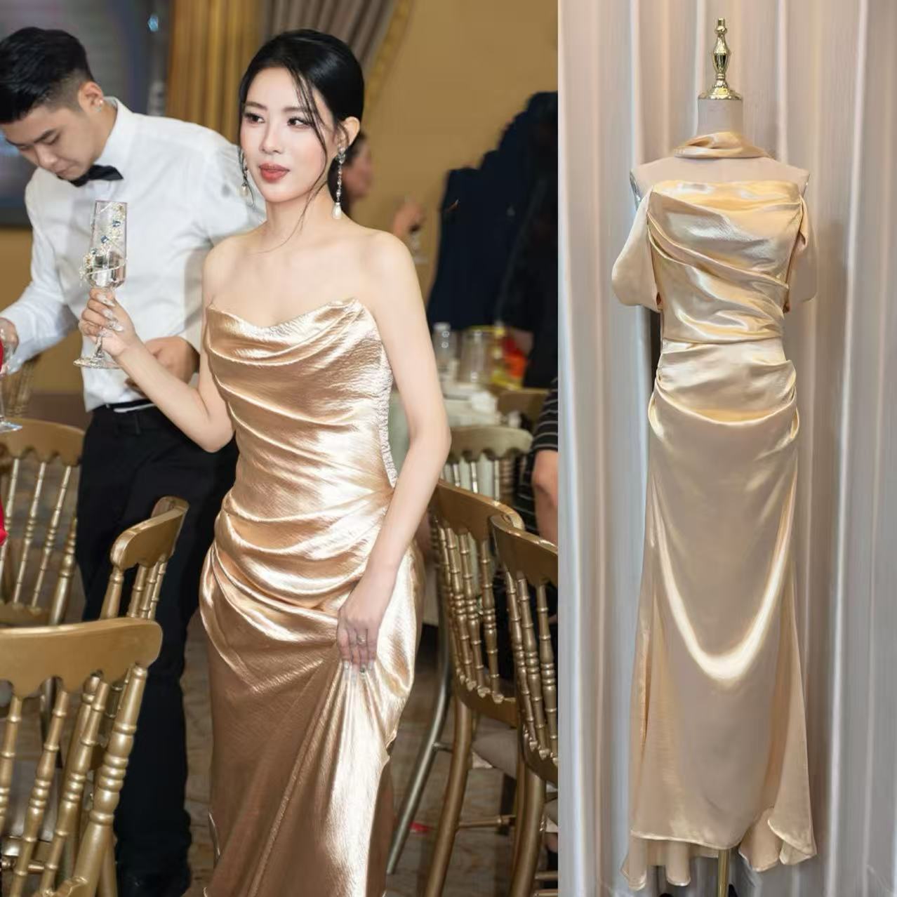 金色缎面敬酒服新娘2025新款高级感抹胸订婚晚礼服裙宴会回门长裙