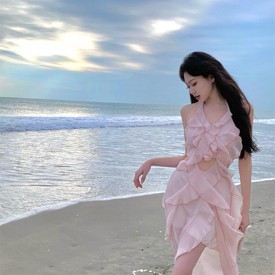 冷感美人 仙女粉色荷叶边仙气纯连衣裙